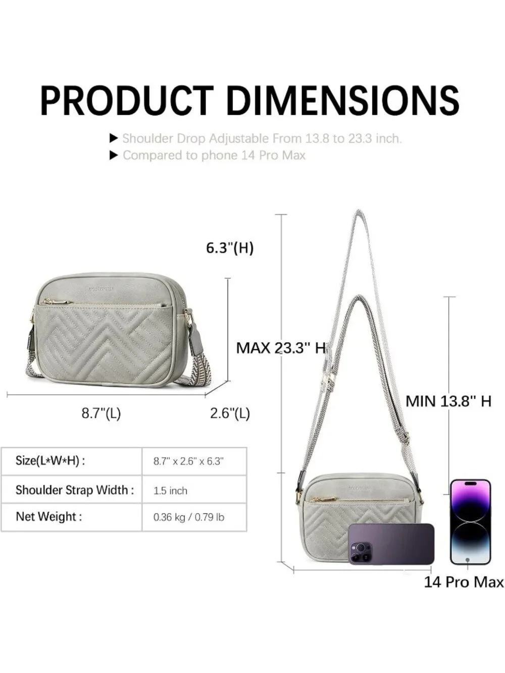 Women's Grey Leather Crossbody Purses Shoulder Handbags with Wide Strap